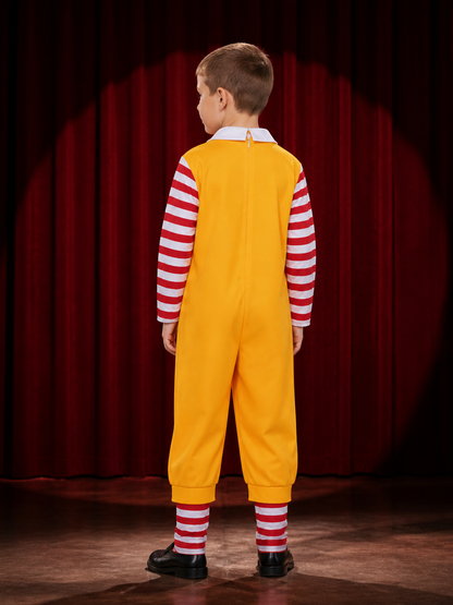 Yellow Clown Jumpsuit Costume, Red-White Striped Sleeves, Halloween Cosplay back view