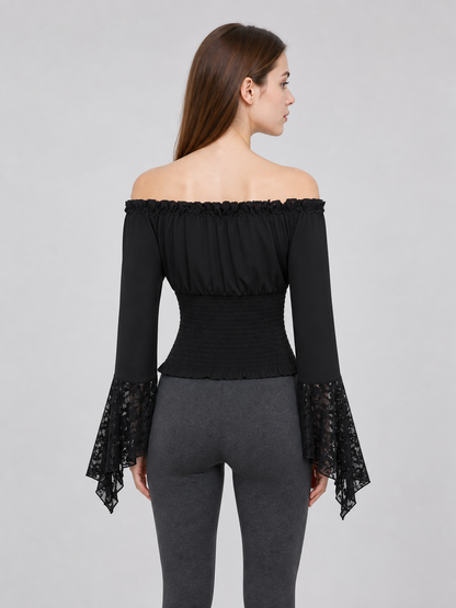 Black off-the-shoulder blouse with ruffles and long sleeves