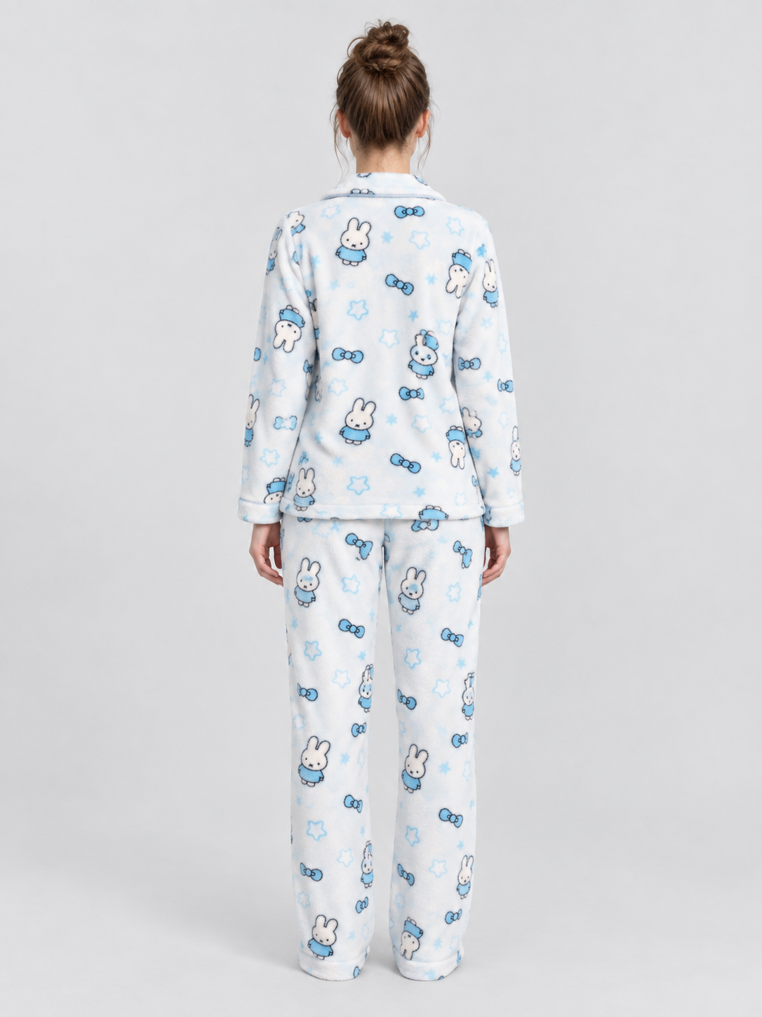 Flannel Pajama Set with Bunny and Bow Print