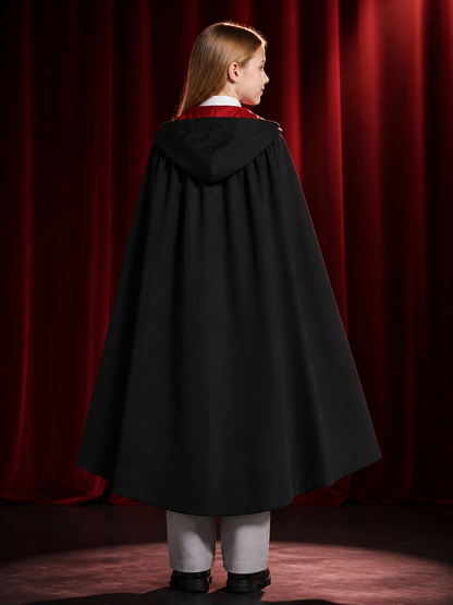 Girls Wizard Robe Costume Set with Hooded Cape, Red Trim, Tie and Pants back view