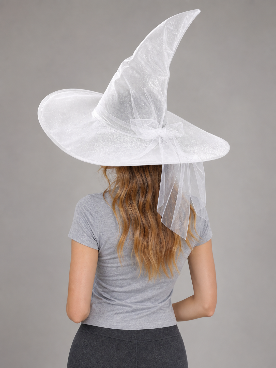 White Halloween Witch Hat With Wide Floppy Brim, Sheer Layered Fabric, Curved Pointed Crown And Trailing Veil For Cosplay Costume Party