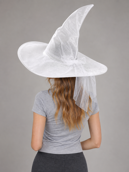 White Halloween Witch Hat With Wide Floppy Brim, Sheer Layered Fabric, Curved Pointed Crown And Trailing Veil For Cosplay Costume Party