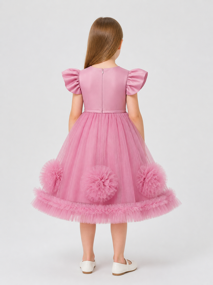 Pink Children's Princess Dress with 3D Flowers back view