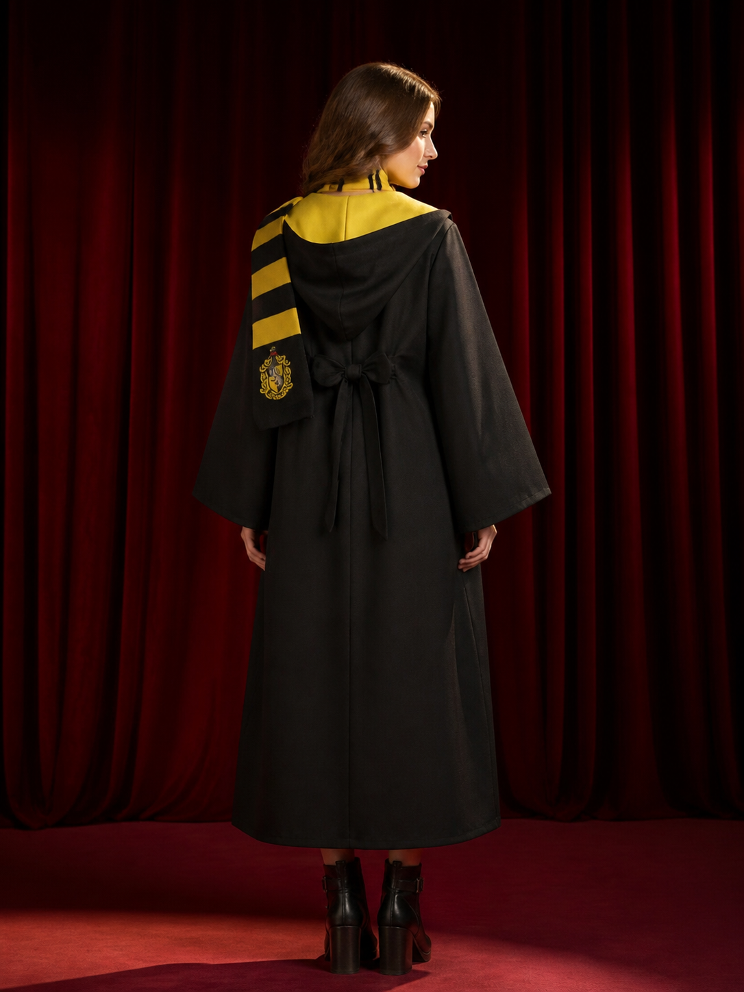 Wizard School Uniform Costume Set, Long Hooded Black Robe with Black-Yellow back view