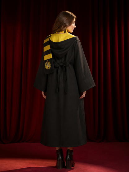 Wizard School Uniform Costume Set, Long Hooded Black Robe with Black-Yellow back view