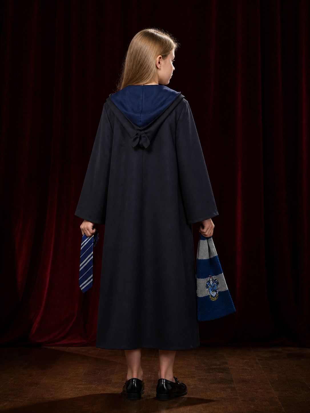 Wizard Robe Costume Set with Striped Scarf and Tie, Emblem back view