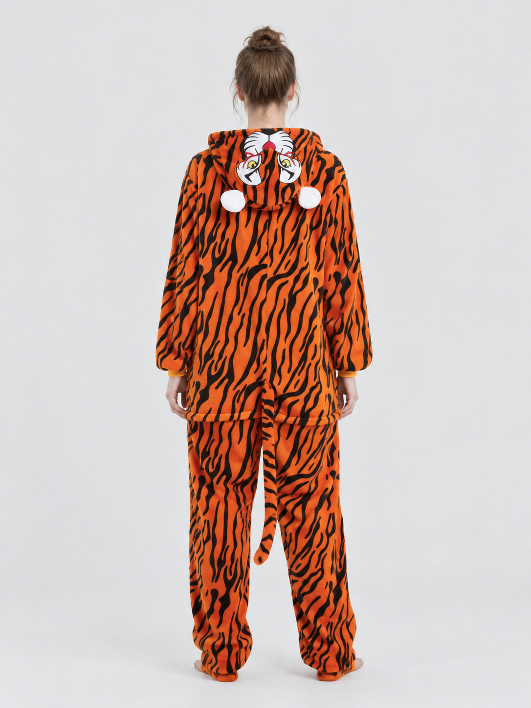 Fleece Pajama Jumpsuit with Tiger Print and Hood