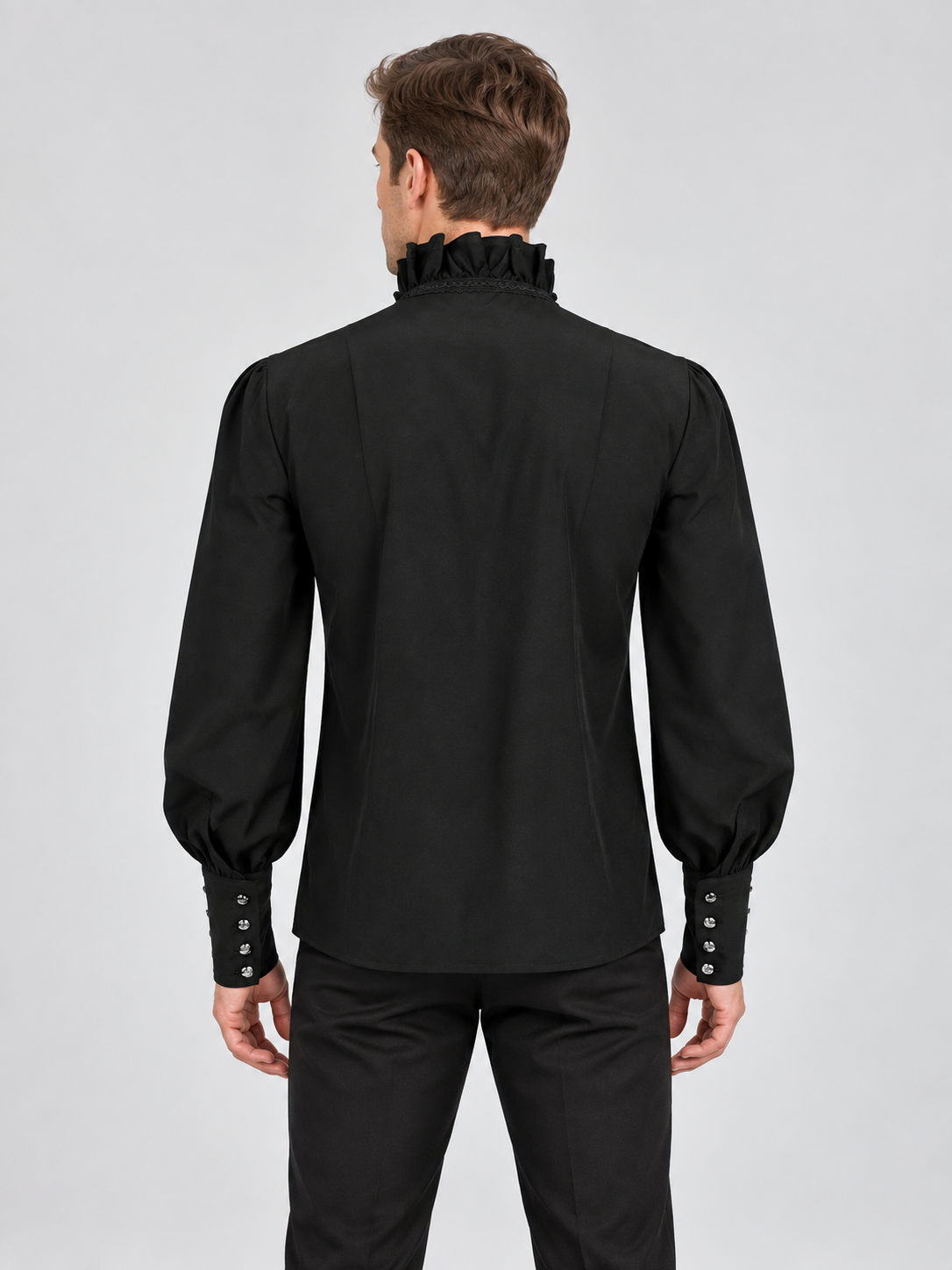 Black shirt with a high collar, ruffles, and lace