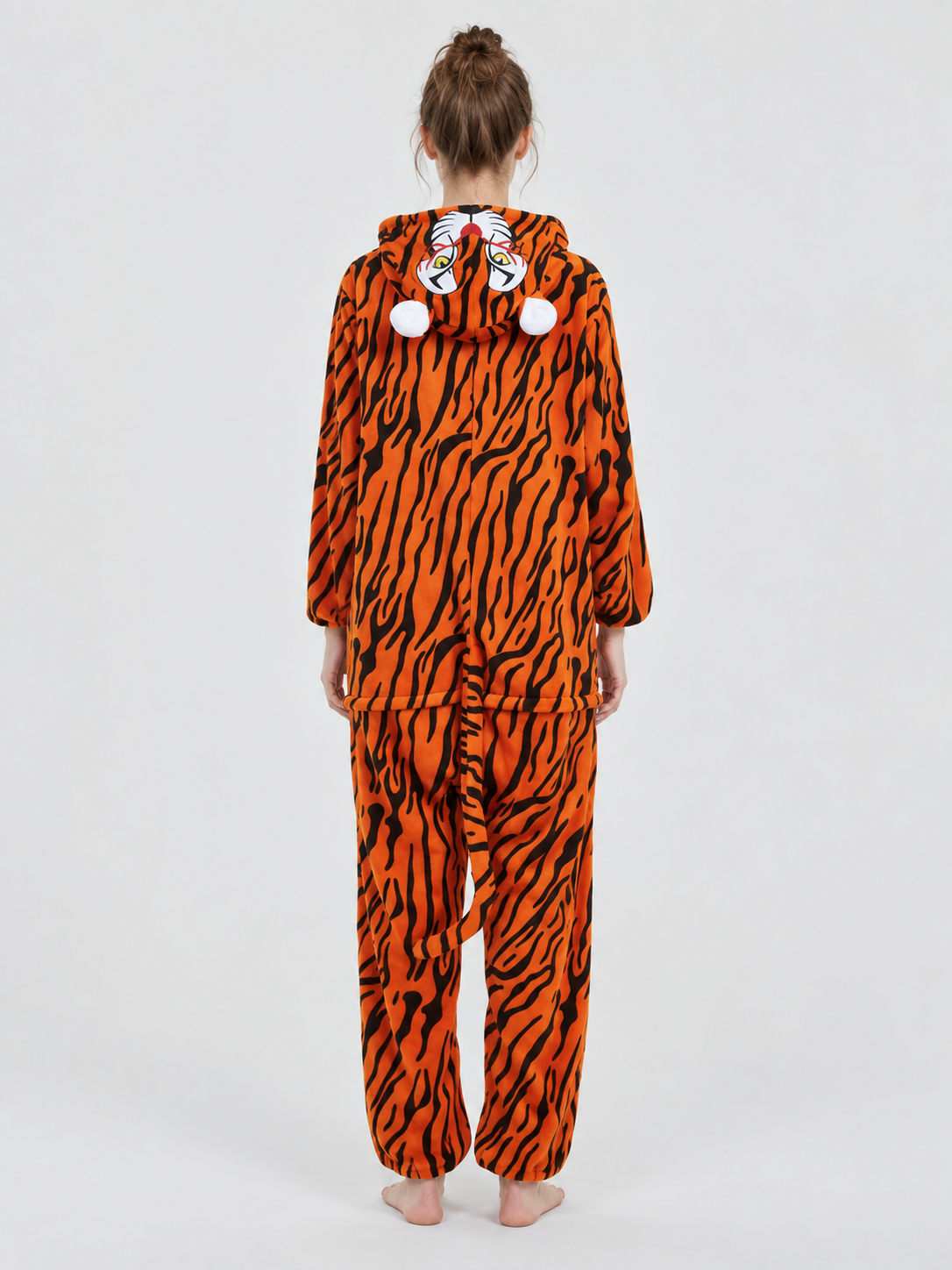Fleece Hooded Tiger Print Pajama Jumpsuit