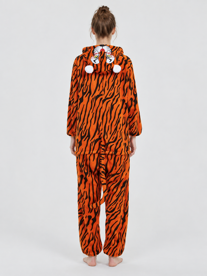 Fleece Hooded Tiger Print Pajama Jumpsuit