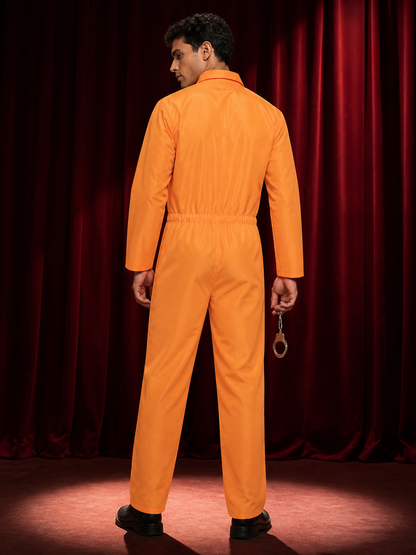 Orange Prisoner Jumpsuit Costume with Handcuffs, Front-Zip Halloween Cosplay back view