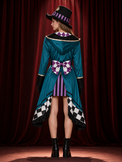 Adult Circus Jester Costume Set, Mad Hatter Outfit with Tailcoat, Hat, Gloves back view