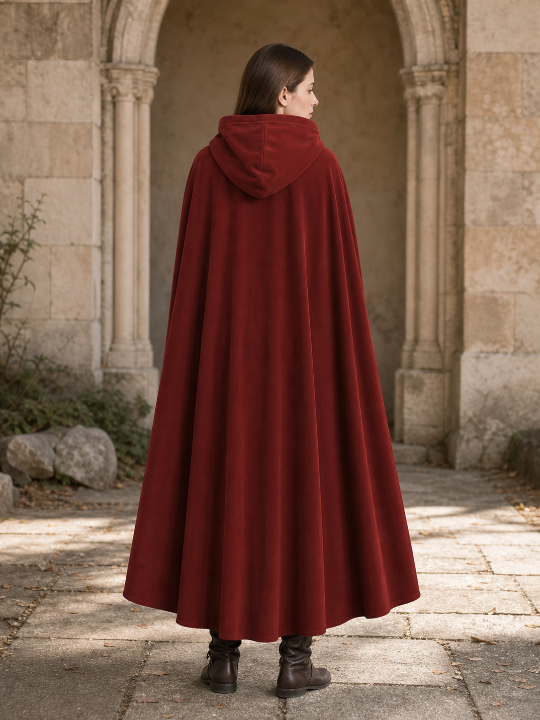Medieval Hooded Cape with Oversized Hood, Burgundy Velvet-Like Flowing Cloak for Cosplay, Halloween, Themed Parties and Stage Performances