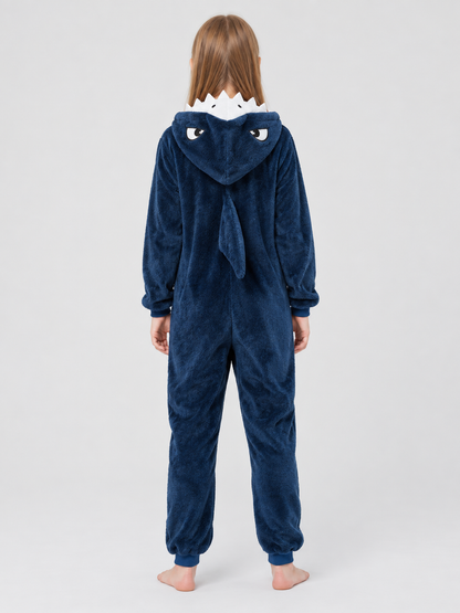 Navy Blue Fleece Pajama Jumpsuit with Shark Hood