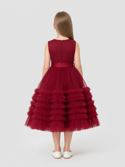 Burgundy Princess Dress for Girls with a Full Skirt back view