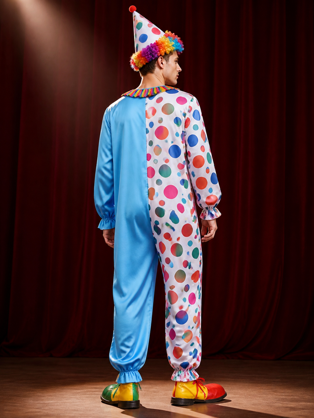 Adult Unisex Clown Jumpsuit Costume with Polka Dot Hat and Ruffle Collar for back view