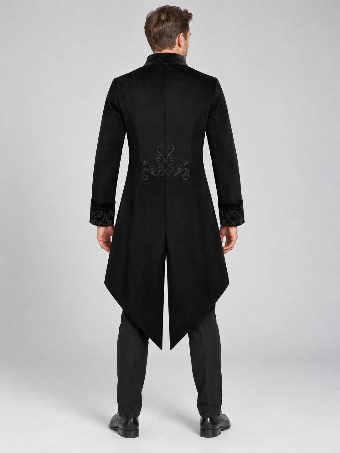 Black Tailcoat with Embroidery and Stand Collar