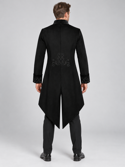 Black Tailcoat with Embroidery and Stand Collar