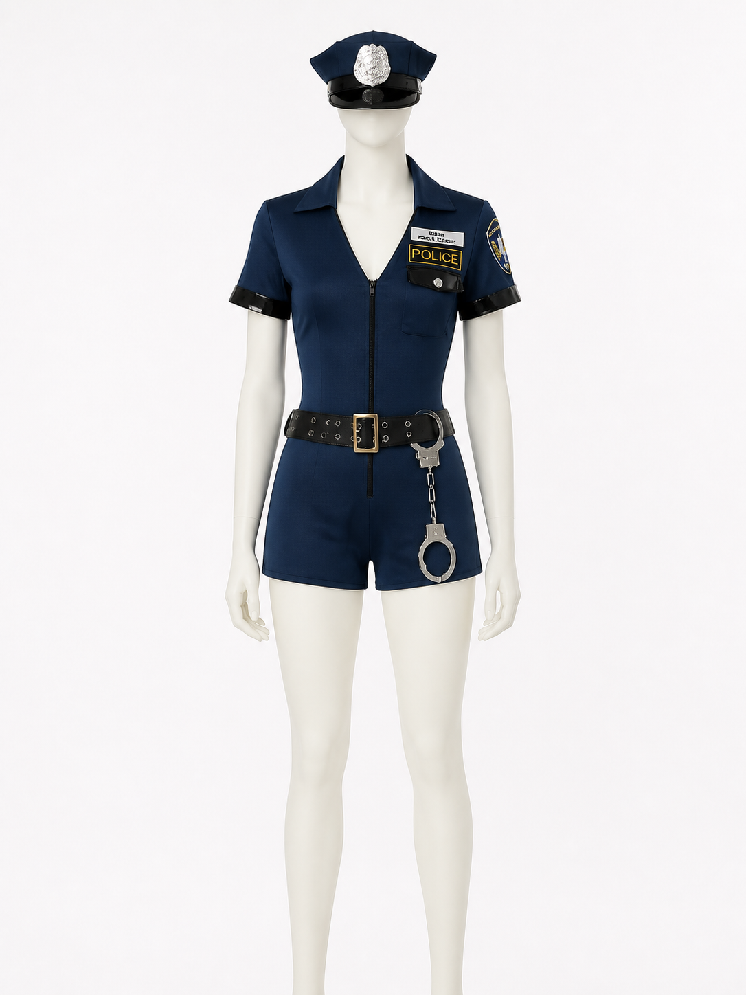 Women's Navy Police Costume Bodysuit Set With Hat, Belt And Handcuffs back view