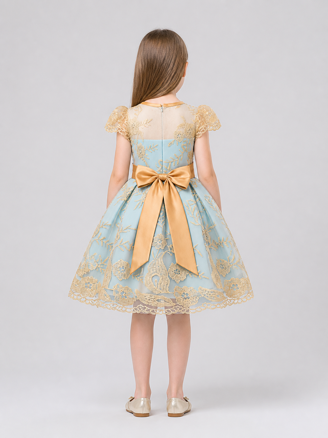 Children's Party Dress with Gold Embroidery and Bow