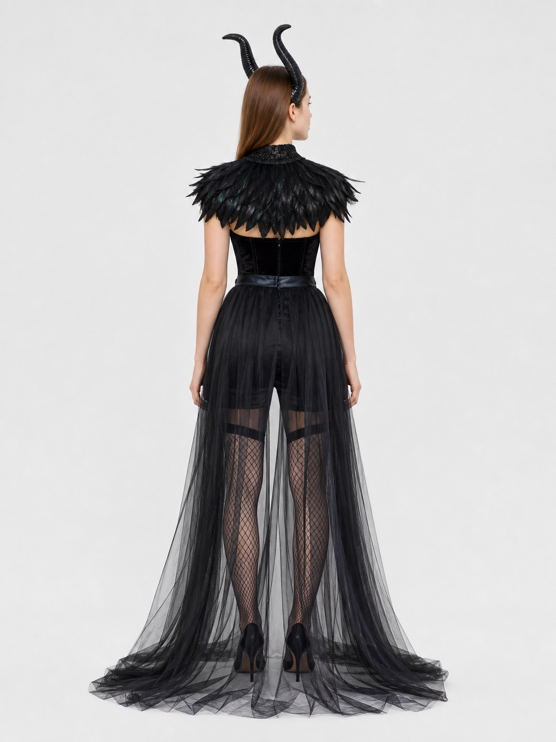 Gothic Costume with Horns, Feathers, Mesh, and Scepter back view