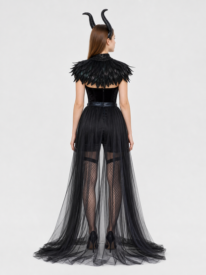 Gothic Costume with Horns, Feathers, Mesh, and Scepter back view