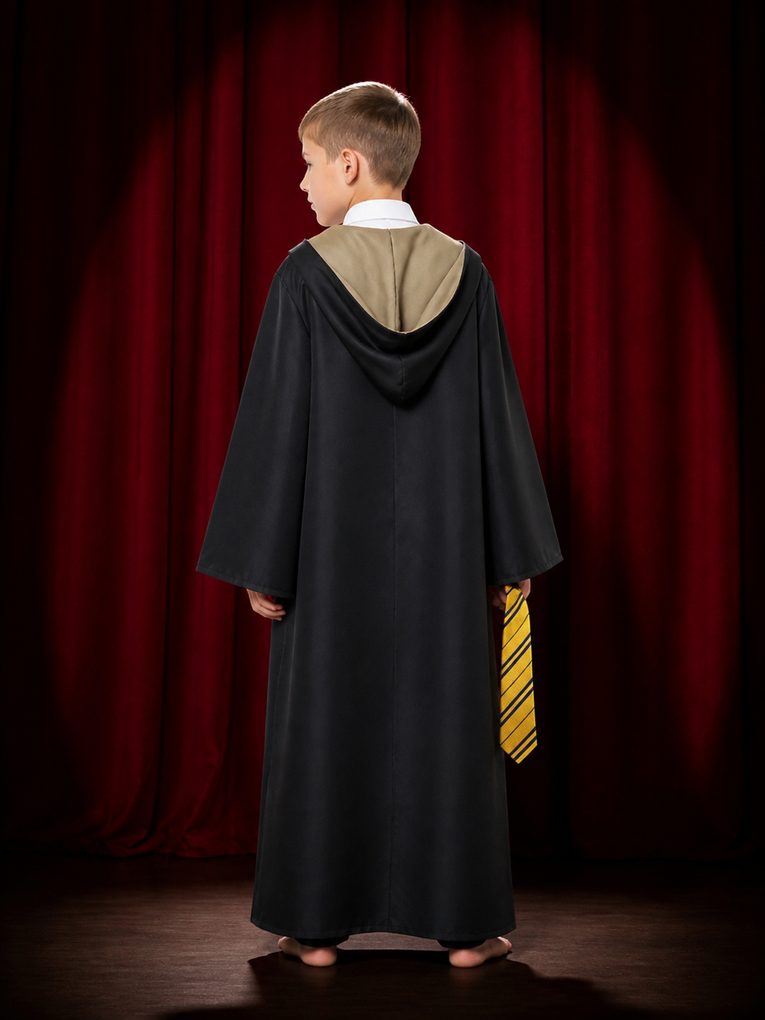 Hufflepuff Wizard Robe Costume Set with Hood and Tie back view