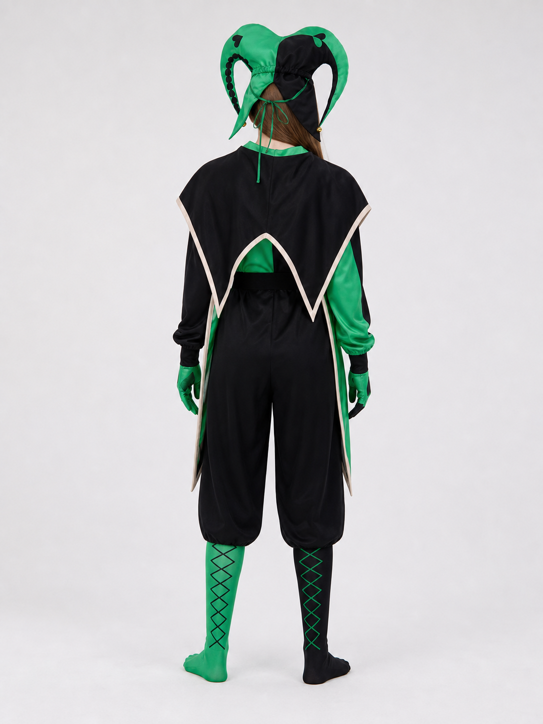 Theatrical clown jester costume in a black-and-green style for cosplay. The set is designed in an harlequin aesthetic and includes a black-and-green one-piece outfit with long sleeves, contrasting cream trim, and geometric panels. Heart-sha