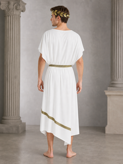 Adult Men's Ancient Greek Costume Set, 3pcs Draped Robe With Gold Trim, Waist Belt And Laurel Wreath For Cosplay Theme Parties