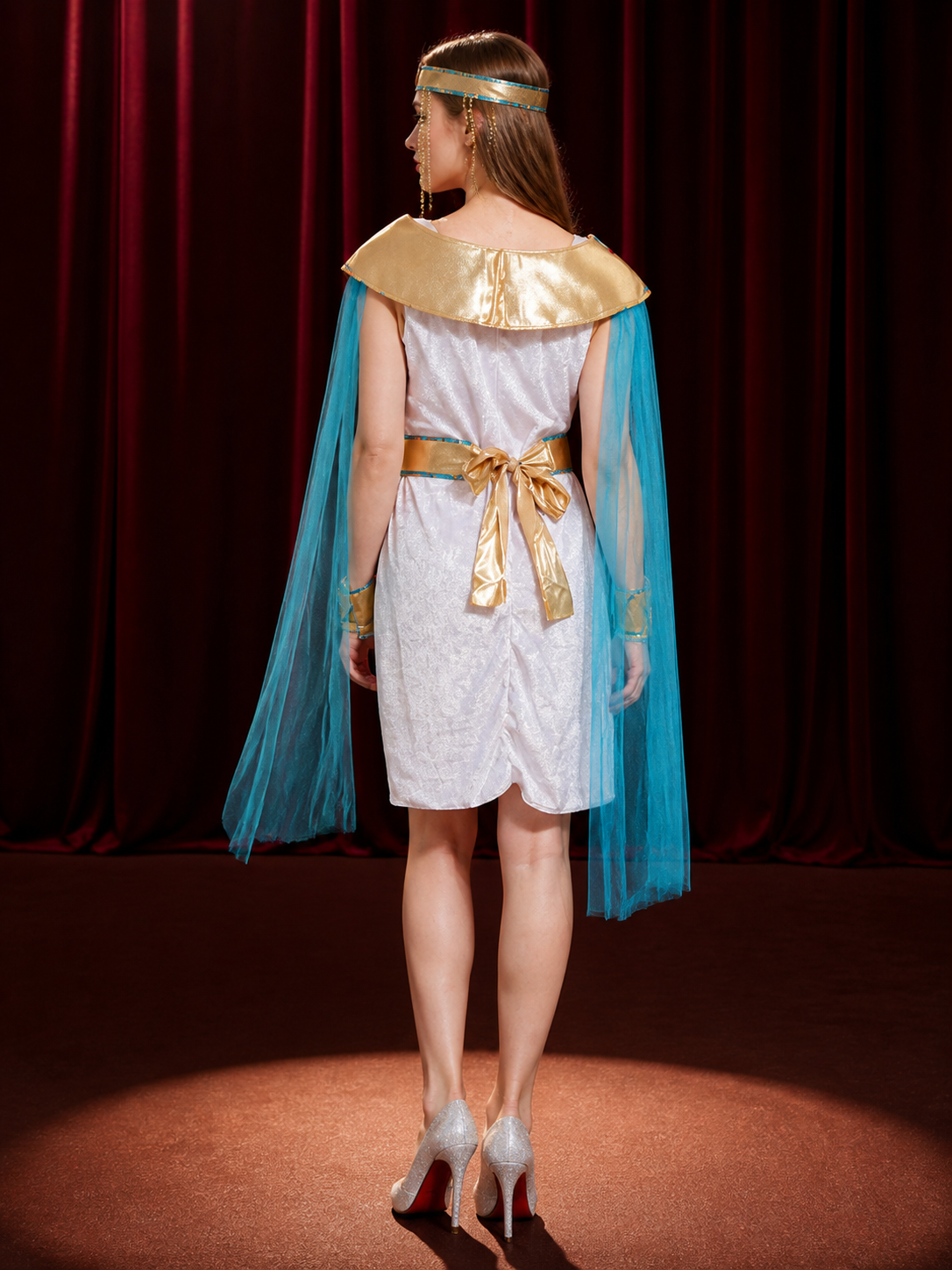 Egyptian Cleopatra Costume Set, White Dress With Gold Belt, Headpiece And Blue back view