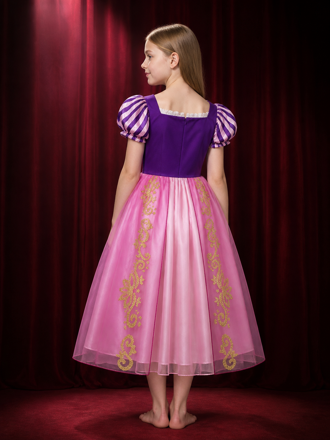 Girls Sleeping Beauty Princess Dress, Aurora Costume with Puffy Sleeves & Bow back view
