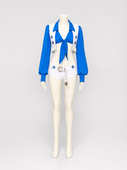 Performance Costume, Blue and White, Stars and Fringe back view