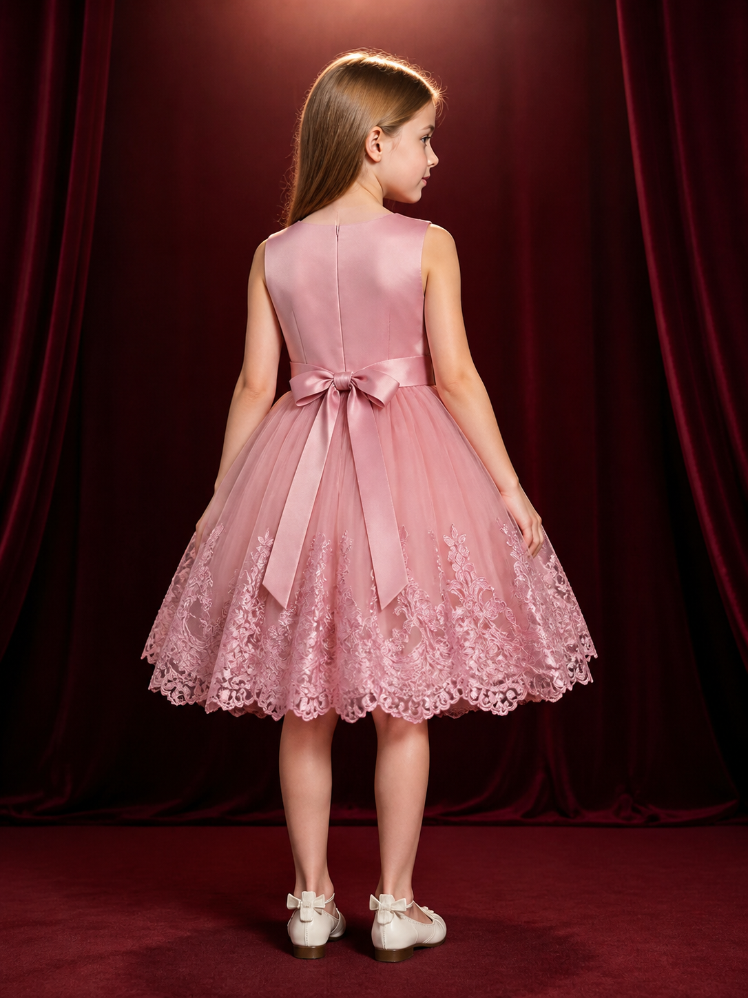 Girls' Dusty Pink Princess Flower Girl Dress, Lace-Embroidered Tulle Gown back view