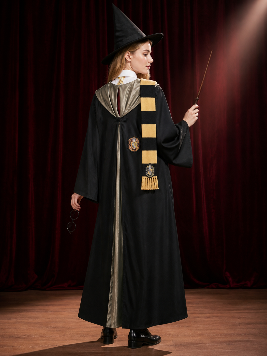 Black Wizard Robe Costume Set With Pointed Hat, Wand, Glasses, Tie And Scarf back view
