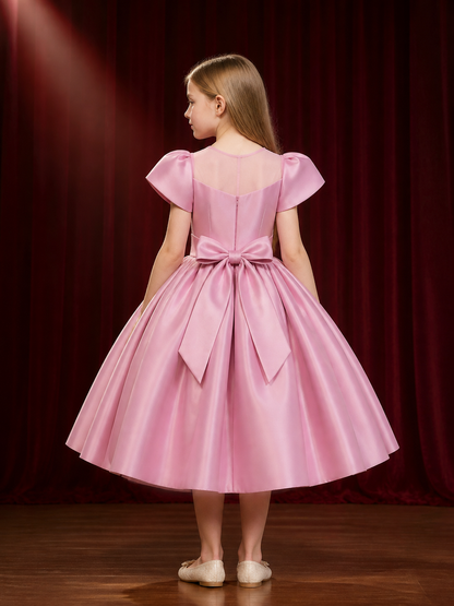 Girls' Pink Satin Princess Dress, Lace Square Neck, Short Sleeves, Full Skirt back view