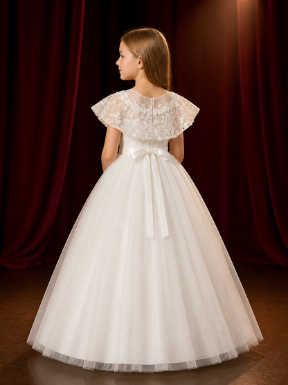 Girls' White Princess Dress, Sequin Floral Lace Tulle Formal Gown, 8Y-12Y back view