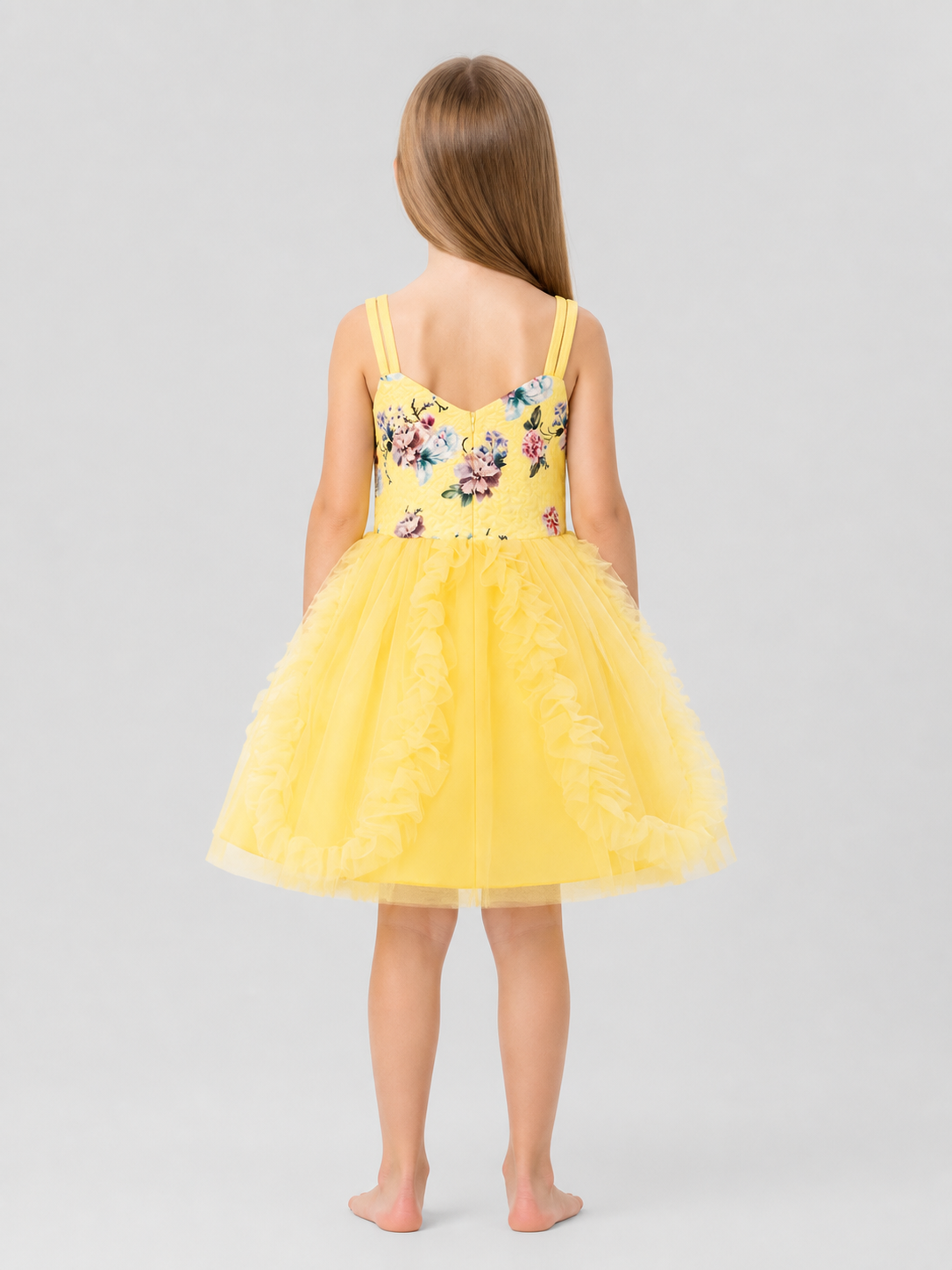 Yellow Princess Dress with a Full Skirt and Ruffles back view