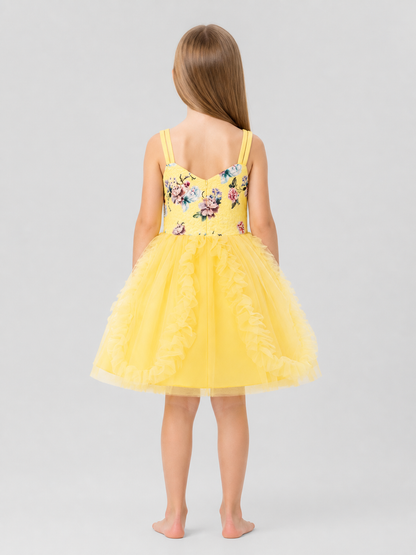 Yellow Princess Dress with a Full Skirt and Ruffles back view