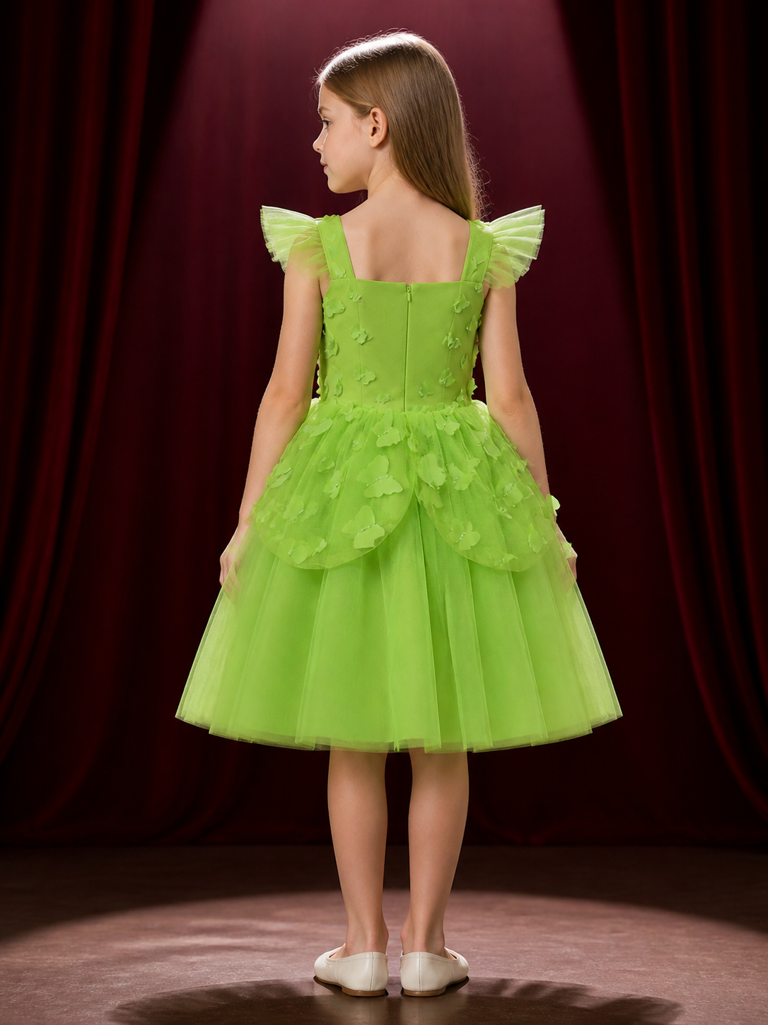 Girls' Green Butterfly Princess Cosplay Dress, Tulle Ball Gown back view