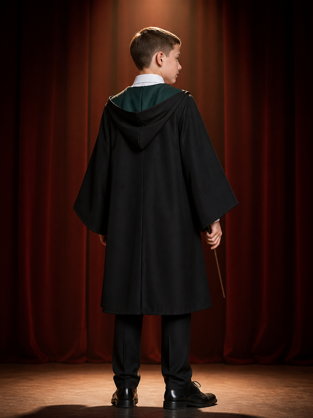 Kids Wizard School Costume, Long Black Robe with Green Trim and Badge back view
