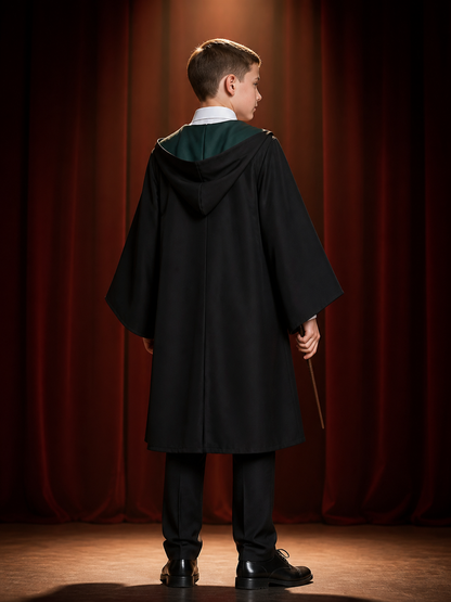 Kids Wizard School Costume, Long Black Robe with Green Trim and Badge back view