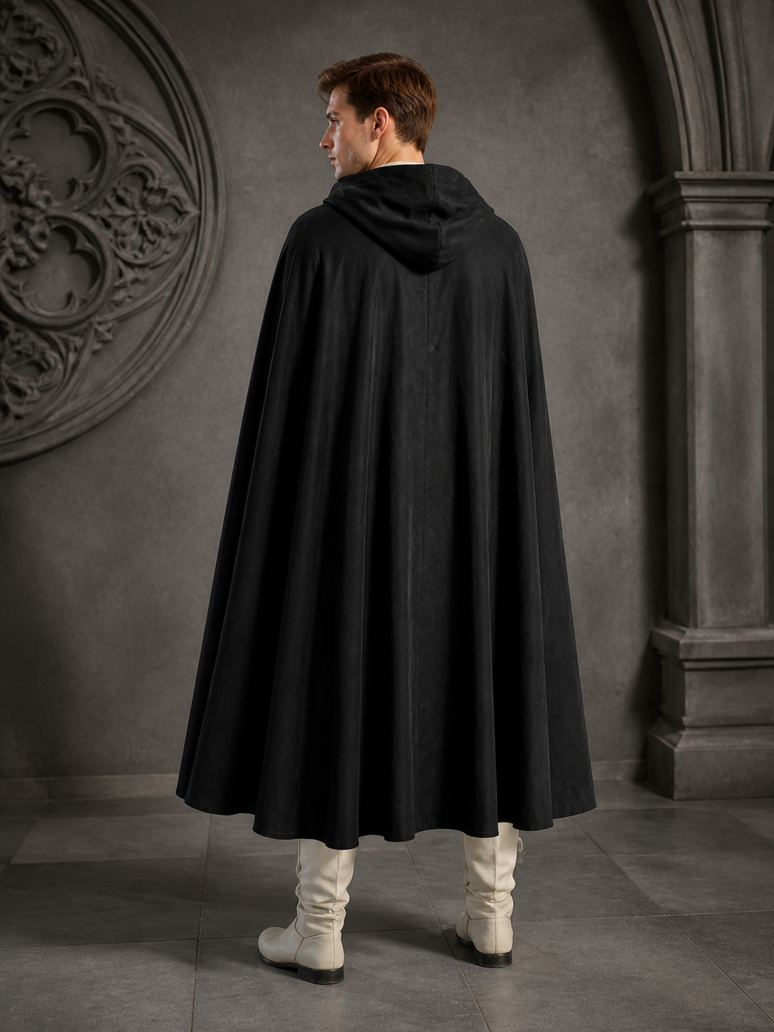 Black Long Hooded Cotton-Linen Cloak back view 7