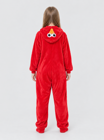 Red Flannel Kigurumi Jumpsuit with Bird Hood
