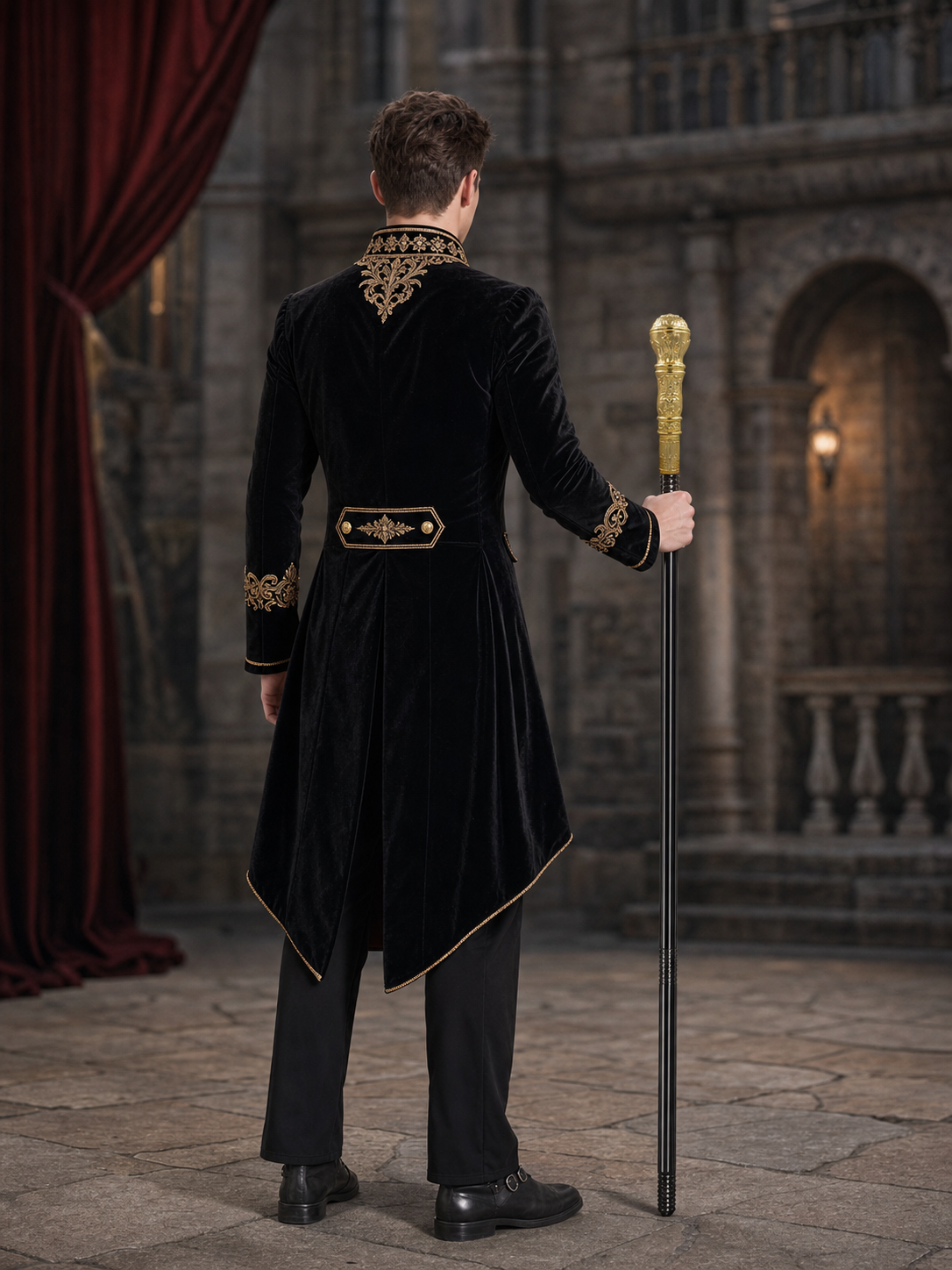 Rear three-quarter view of a male model in a black costume holding the wand beside him in a stone interior