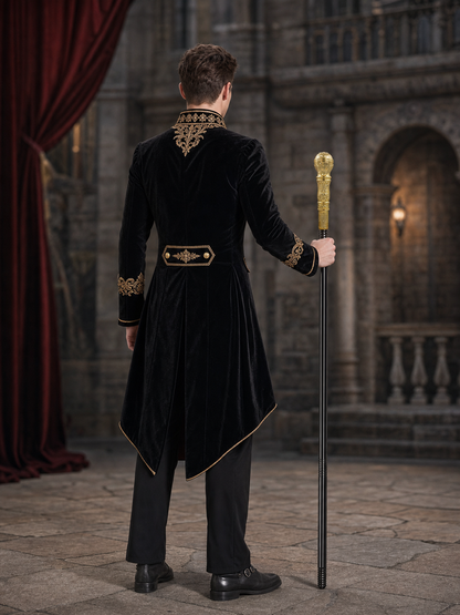 Rear three-quarter view of a male model in a black costume holding the wand beside him in a stone interior