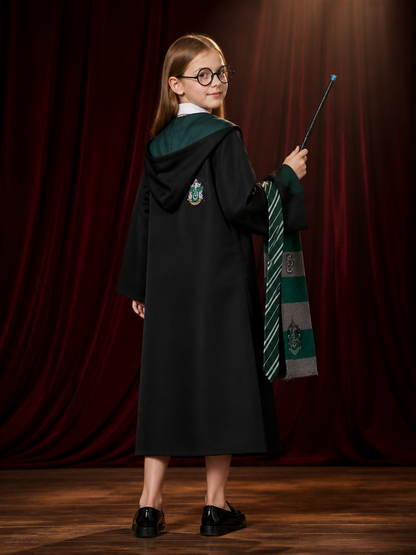 Wizard Cosplay Costume Set with Hooded Robe, Striped Scarf, Tie, Glasses & Wand back view