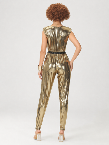 Gold Jumpsuit with a V-Neck and Black Decorative Ribbon
