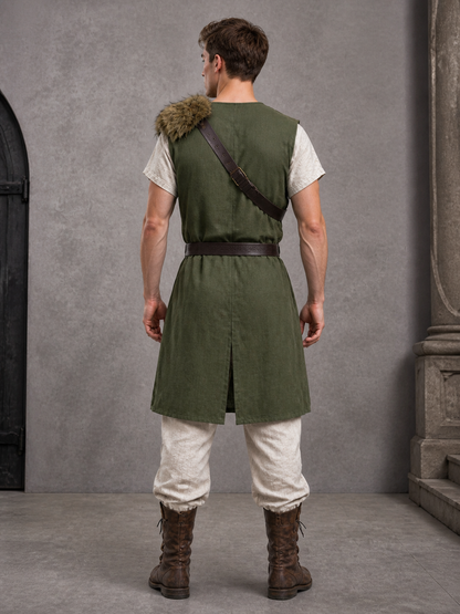 Back view of a green sleeveless vest showing the brown cross-body strap, waist belt and center back slit