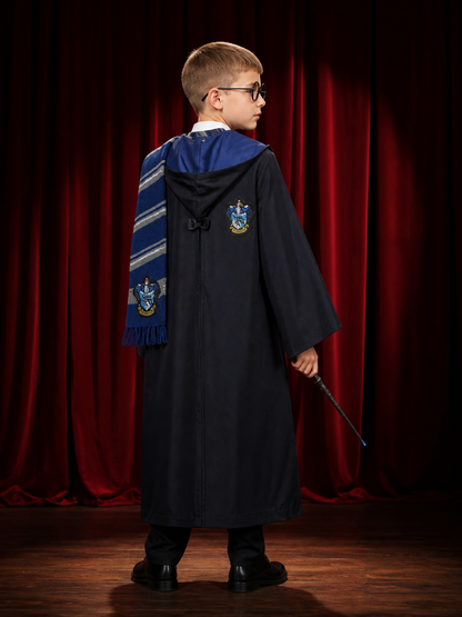 Ravenclaw Wizard Robe Costume Set, Hooded Long Robe with Tie, Scarf, Glasses and back view