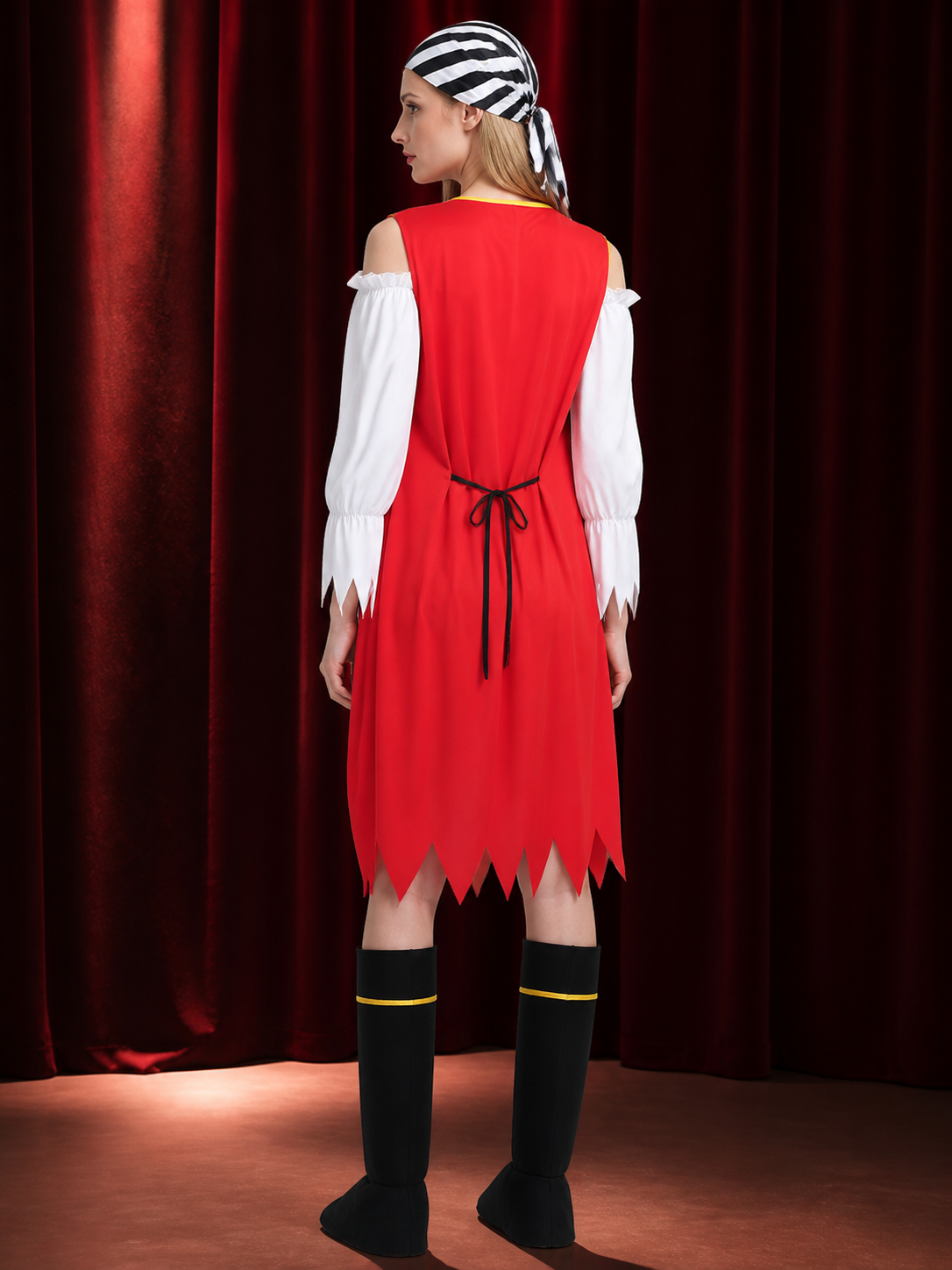 Women's Pirate Costume Set with Striped Dress, Red Cape, Headscarf and Boot back view